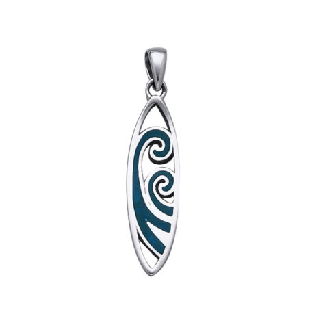 Surfboard Carved with Waves Sterling Silver Pendant blue paua shell